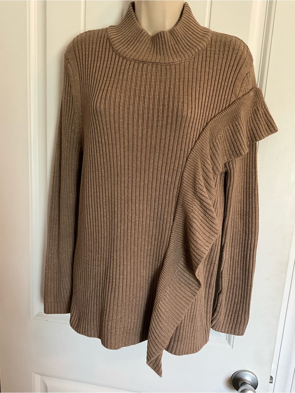 Ivanka Trump Ribbed Taupe Turtleneck Sweater with Ruffle Accent